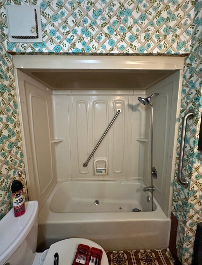Photo of a tub and shower combination in a small bathroom