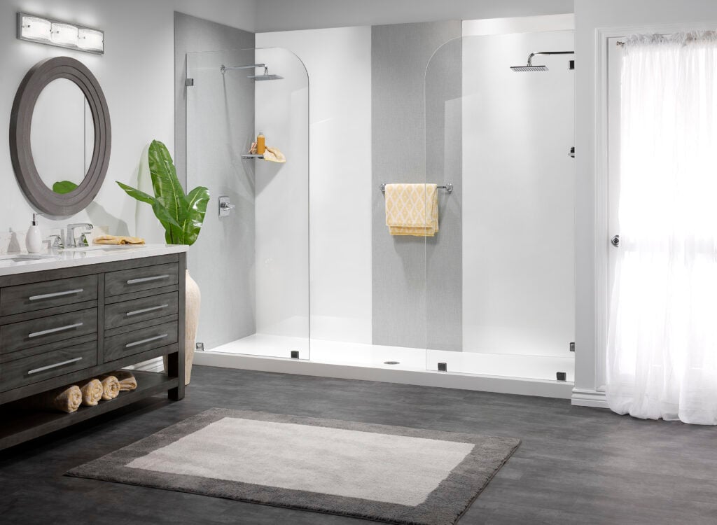 Photo of a luxurious walk in shower with two shower heads