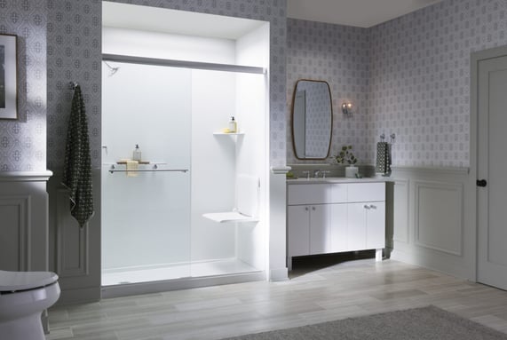 photo of a new walk in shower with a bench seat