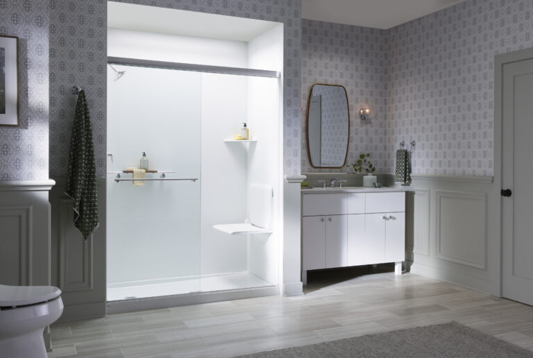 Photo of a new KOHLER shower with white walls