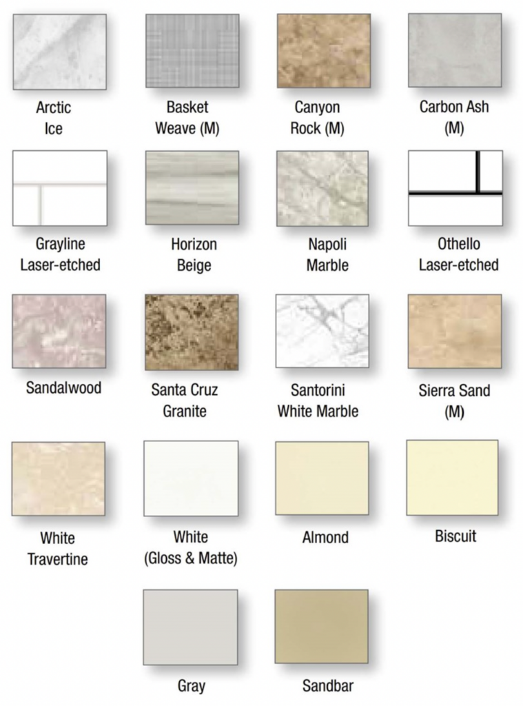 Graphic of acrylic shower wall designs and colors