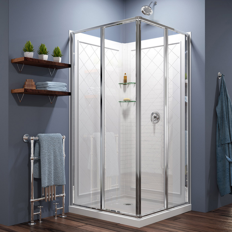 Photo of an acrylic corner walk in shower with a glass enclosure