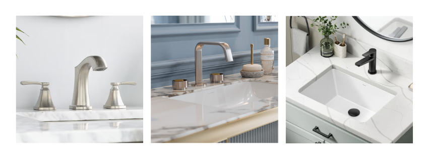 Collage of three photos of different sinks and sink taps. Photos feature silver sink hardware, gold sink hardware, and matte black sink hardware