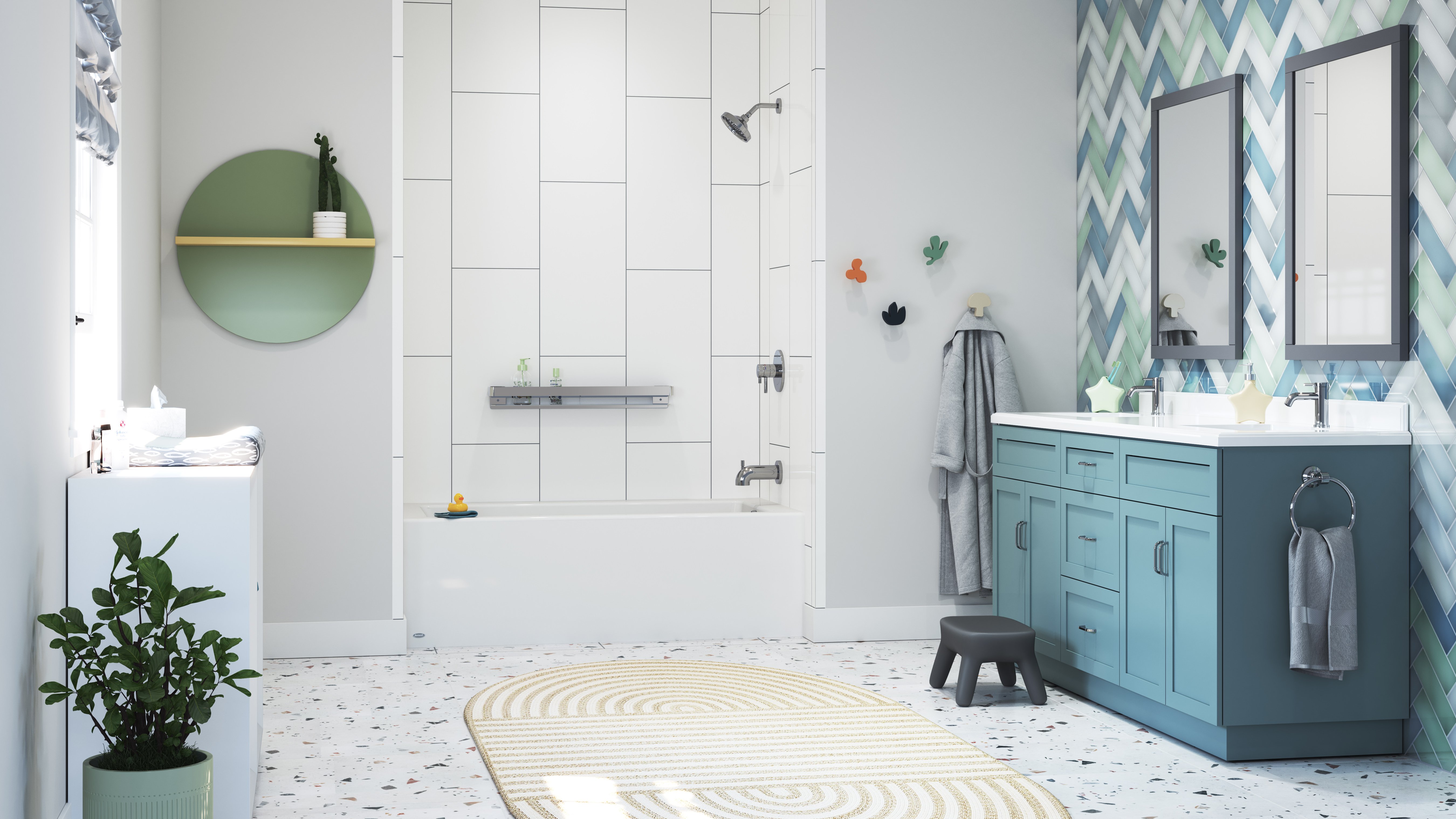 JBR_Textured_Grout_Vertical_Walls_Alabaster_White_Signature_Collection_Bathtub_Alabaster_White_Vazia_Tub_System_Chrome_Grab_Shelf_Chrome_2
