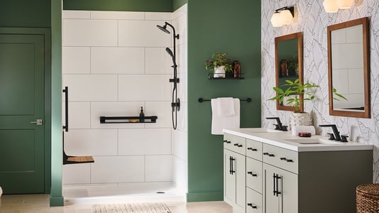 White & Black Horizontal Pattern Shower with Seat